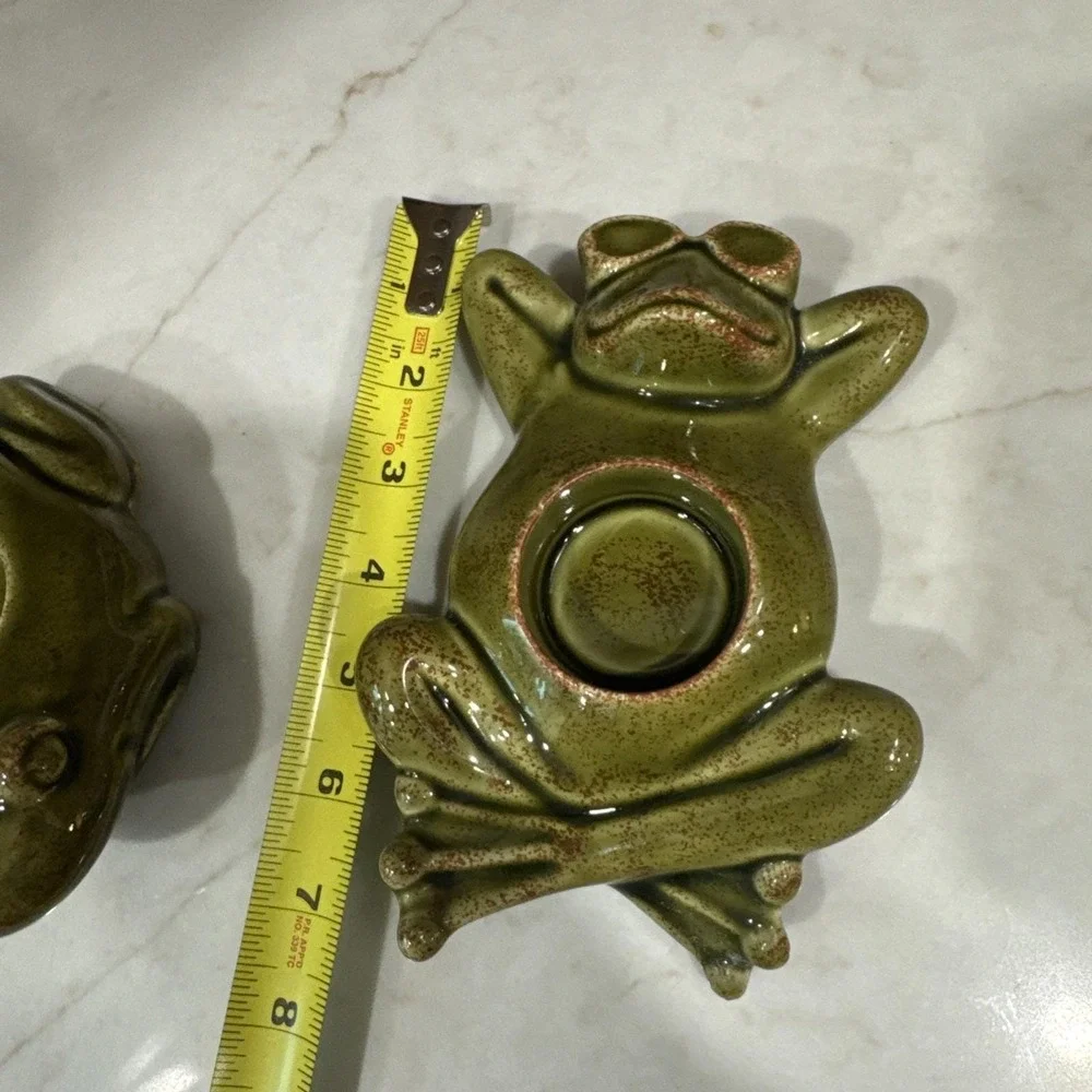 Party Lite Ceramic Frogs Tea Lite  Candle‎ Holder Set Green Vintage